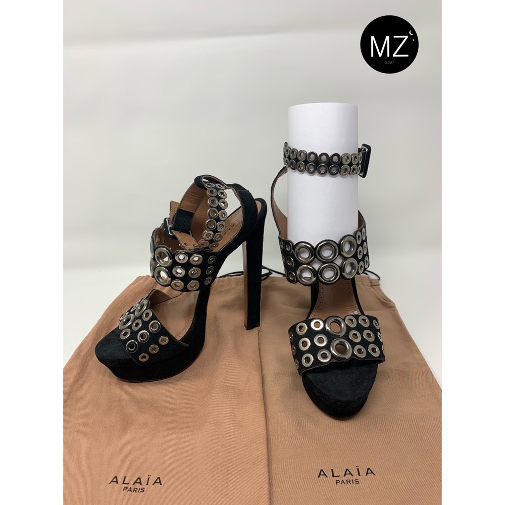 ALAÏA Black Silver Stud Suede Platform Sandals